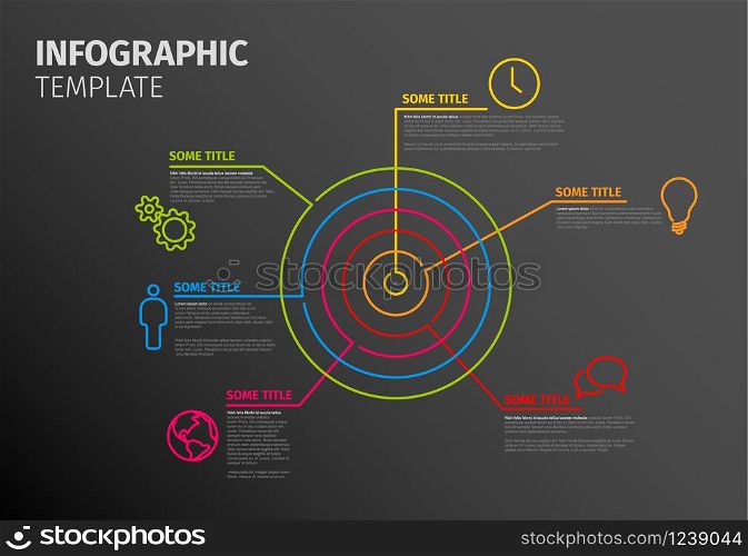 Vector Infographic report template made from lines and icons with circle target - dark version. Vector Infographic template with circle target