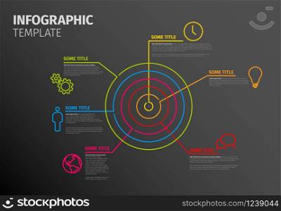 Vector Infographic report template made from lines and icons with circle target - dark version. Vector Infographic template with circle target