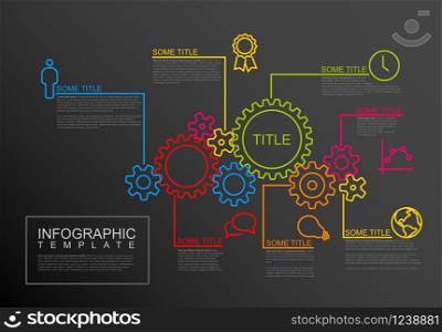 Vector Infographic report template made from lines and icons with gear wheels - dark version. Vector Infographic report template with gear wheels