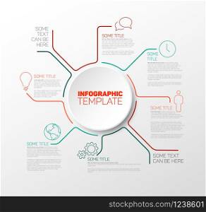 Vector Infographic report template made from red and teal lines with big circle and icons. Vector Infographic report template