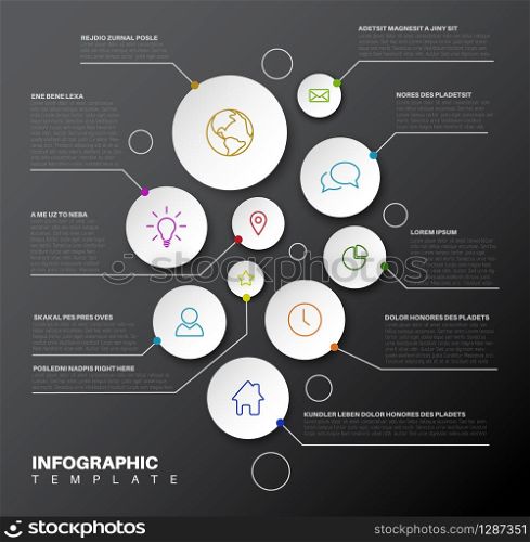 Vector Infographic report template with white circles and line icons on dark background. Vector Infographic report template with icons