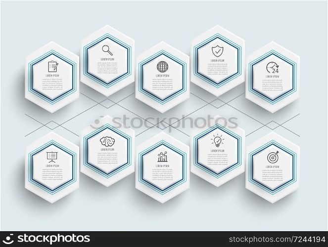 Vector infographic template with 3D paper label, integrated circles. Business concept with 10 options. For content, diagram, flowchart, steps, parts, timeline infographics.