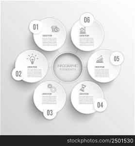 Vector infographic template with 3D paper label, integrated circles. Business concept with 6 options. For content, diagram, flowchart, steps, parts, timeline infographics.
