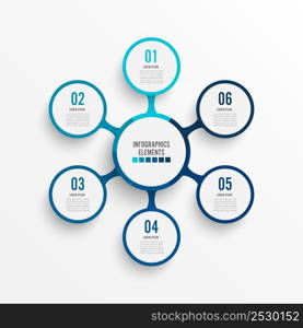 Vector infographic template with 3D paper label, integrated circles. Business concept with 6 options. For content, diagram, flowchart, steps, parts, timeline infographics, workflow, chart.