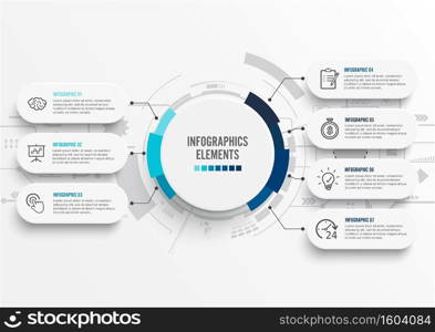 Vector infographic template with 3D paper label, integrated circles. Business concept with 7 options. For content, diagram, flowchart, steps, parts, timeline infographics, workflow, chart.