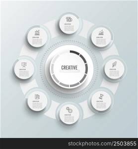 Vector infographic template with 3D paper label, integrated circles. Business concept with 8 options. For content, diagram, flowchart, steps, parts, timeline infographics.