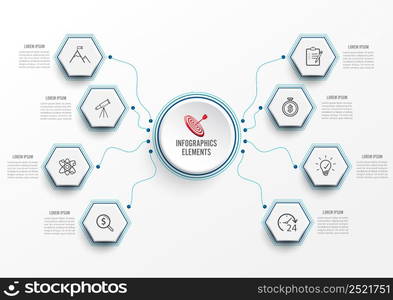 Vector infographic template with 3D paper label, integrated circles. Business concept with 8 options. For content, diagram, flowchart, steps, parts, timeline infographics, workflow, chart.