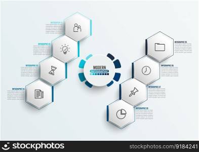 Vector infographic template with 3D paper label, integrated circles. Business concept with 8 options. For content, diagram, flowchart, steps, parts, timeline infographics, workflow, chart.