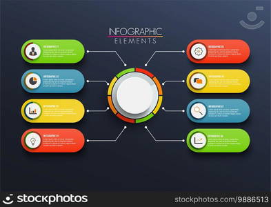 Vector infographic template with 3D paper label, integrated circles. Business concept with 8 options. For content, diagram, flowchart, steps, parts, timeline infographics, workflow, chart.