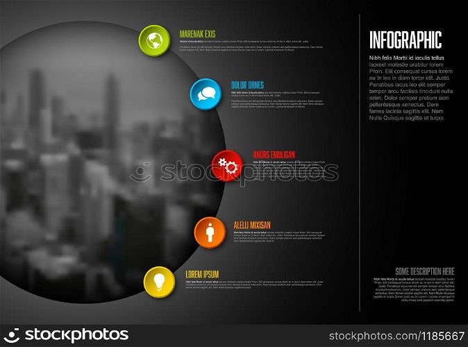 Vector Infographic template with big photo placeholder, icons and color buttons. Business company overview profile - dark version.. Infographic template with big photo