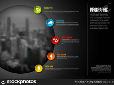 Vector Infographic template with big photo placeholder, icons and color buttons. Business company overview profile - dark version.. Infographic template with big photo