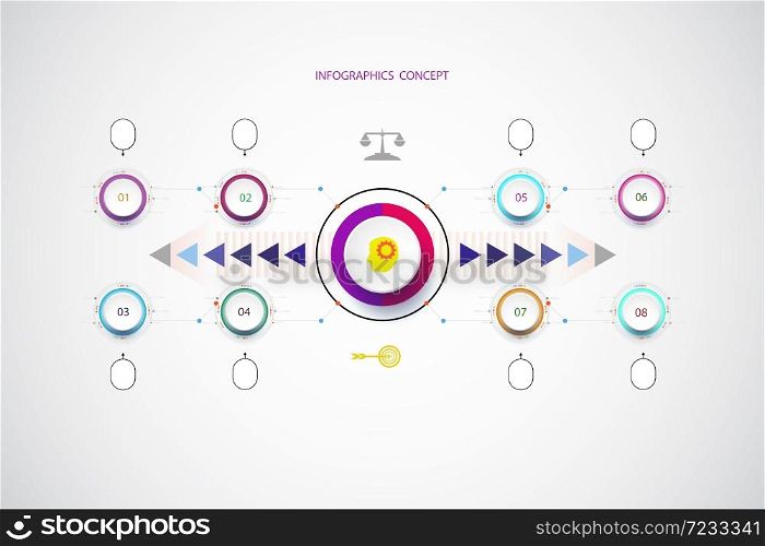 Vector infographic template with number 8 step, integrated circles. Business concept with options. For content, diagram, flowchart, steps, parts, timeline infographics, workflow layout, chart,Vector illustration