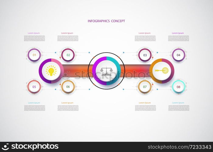 Vector infographic template with number 8 step, integrated circles. Business concept with options. For content, diagram, flowchart, steps, parts, timeline infographics, workflow layout, chart,Vector illustration