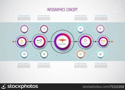 Vector infographic template with number 8 step, integrated circles. Business concept with options. For content, diagram, flowchart, steps, parts, timeline infographics, workflow layout, chart,Vector illustration