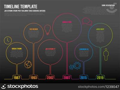 Vector Infographic time line template made from thin line circles and icons - dark version. Vector Infographic timeline template