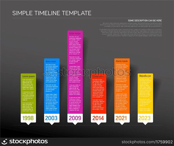 Vector Infographic timeline report template design with paper labels stickers and arrows. Simple infochart time line template, Colorful horizontal timeline with dark background.