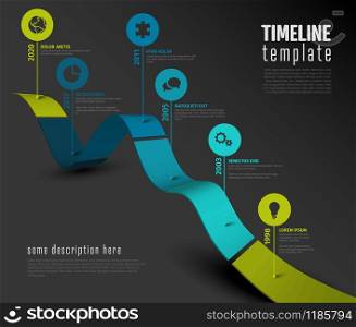 Vector Infographic timeline report template with 3d colored stripe graph, icons and descriptions - dark version with teal accent