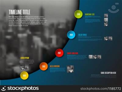 Vector Infographic timeline report template with big photo placeholder, icons, photos, years and color buttons. Business company overview profile - dark version