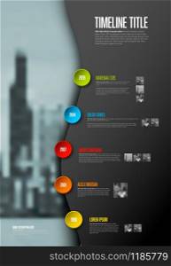 Vector Infographic timeline report template with big photo placeholder, icons, photos, years and color buttons. Business company overview profile. Dark version