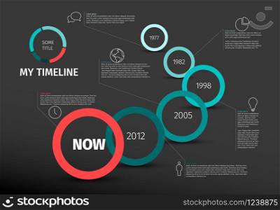 Vector Infographic timeline report template with icons and circles - dark version. Vector teal Infographic timeline report template