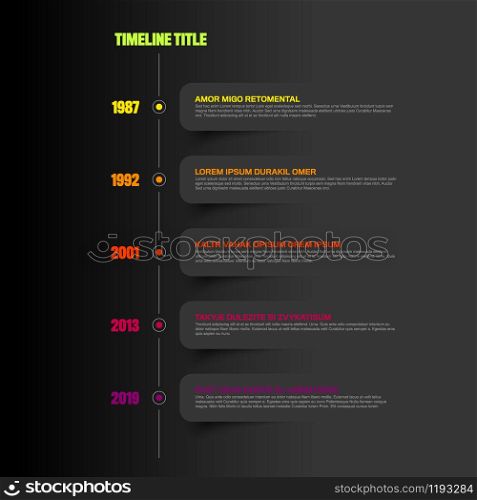 Vector Infographic timeline report template with icons and dark labels - dark version