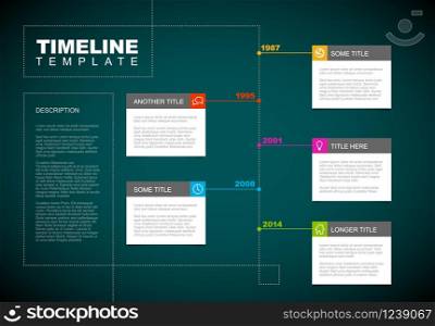 Vector Infographic timeline report template with icons and simple content boxes - dark teal version. Vector Infographic timeline report template