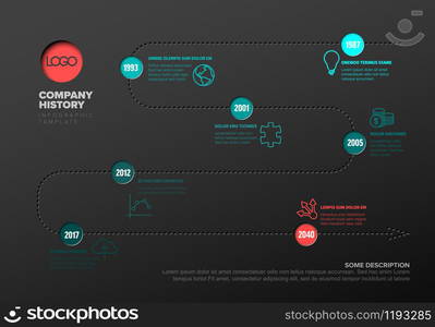 Vector Infographic timeline report template with icons and simple content - dark version with teal and red accent. Simple timeline with some facts and icons