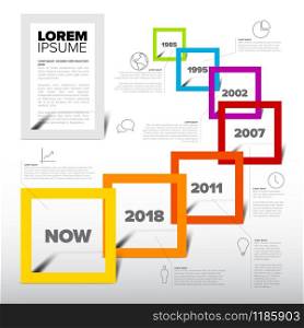 Vector Infographic timeline report template with icons. Infographic light timeline report template with square frames