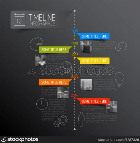 Vector Infographic timeline report template with icons, labels and photos - dark version. Vector Infographic timeline report template