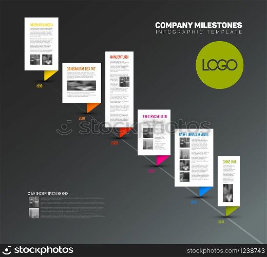Vector Infographic timeline report template with paper bubbles, photos and fresh colors - dark diagonal version. Vector Infographic timeline report template