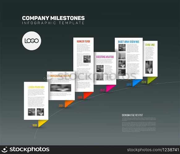 Vector Infographic timeline report template with paper bubbles, photos and fresh colors - dark version