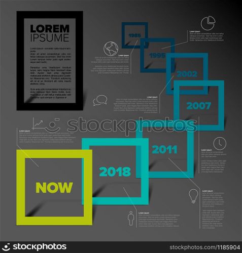 Vector Infographic timeline report template with square frames, descriptions and icons - grean teal color version with dark background