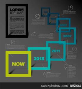 Vector Infographic timeline report template with square frames, descriptions and icons - grean teal color version with dark background