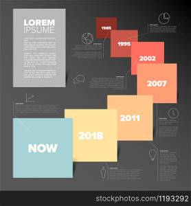 Vector Infographic timeline report template with squares, descriptions and icons -yellow redl color version with dark background