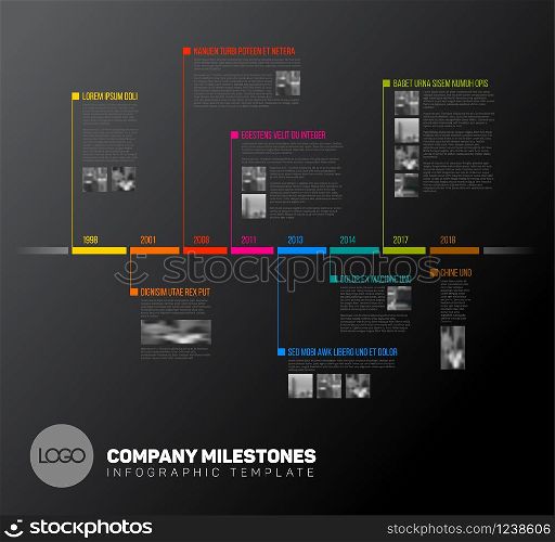 Vector Infographic timeline report template with the biggest milestones, icons, years and color buttons - dark version. Vector Infographic timeline report template