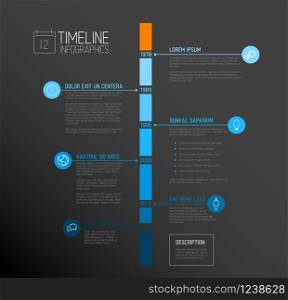 Vector Infographic timeline report template with the biggest milestones, icons, years and color buttons - blue vertical dark time line version