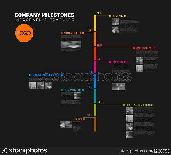 Vector Infographic timeline report template with the biggest milestones, icons, years and color buttons - vertical dark version. Vector Infographic timeline report template