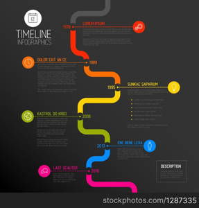 Vector Infographic timeline report template with the biggest milestones, icons, years and color buttons - dark vertical time line version. Vector Infographic timeline report template