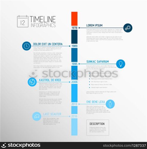 Vector Infographic timeline report template with the biggest milestones, icons, years and color buttons - blue vertical time line version