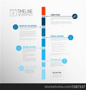 Vector Infographic timeline report template with the biggest milestones, icons, years and color buttons - blue vertical time line version