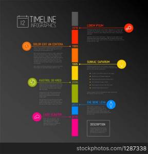 Vector Infographic timeline report template with the biggest milestones, icons, years and color buttons - dark vertical time line version. Vector Infographic timeline report template