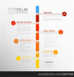 Vector Infographic timeline report template with the biggest milestones, icons, years and color buttons - vertical time line version. Vector Infographic timeline report template
