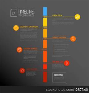 Vector Infographic timeline report template with the biggest milestones, icons, years and color buttons - vertical time line dark version. Vector Infographic timeline report template