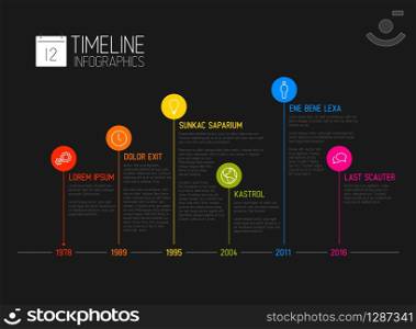 Vector Infographic timeline report template with the biggest milestones, icons, years and color buttons - dark template version. Vector Infographic timeline report template