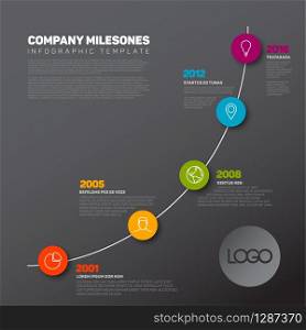 Vector Infographic timeline report template with the biggest milestones, icons, years and color buttons - dark template version. Vector Infographic timeline report template