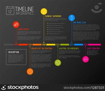 Vector Infographic timeline report template with the biggest milestones, icons, years and color buttons. Vector Infographic timeline report template