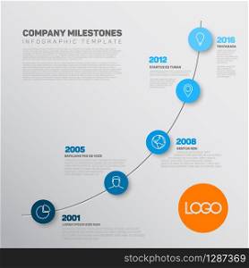 Vector Infographic timeline report template with the biggest milestones, icons, years and color buttons. Business company overview profile - blue version.. Company Infographic timeline report template