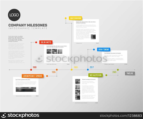 Vector Infographic timeline report template with the biggest milestones, years and description. Vector Infographic timeline report template