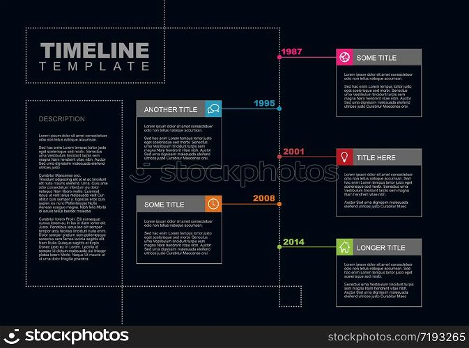 Vector Infographic timeline report template with the biggest milestones, years and description - dark timeline template version