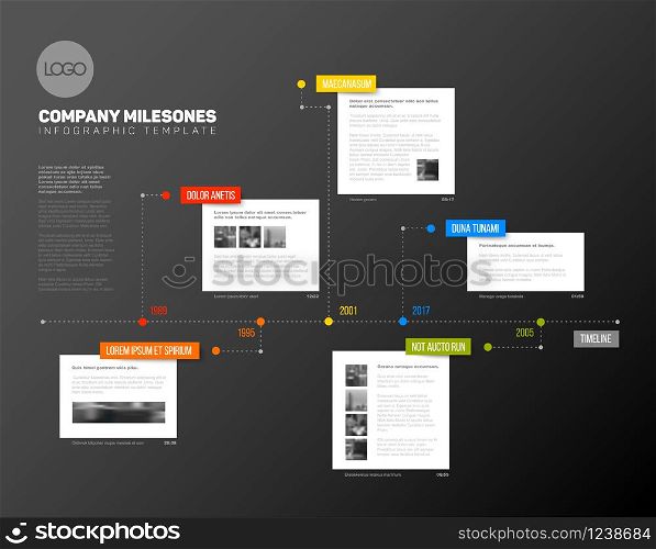 Vector Infographic timeline report template with the biggest milestones, years and description - dark version. Vector Infographic timeline report template